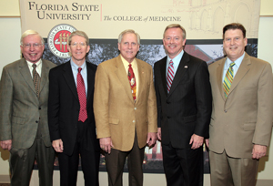 From left, FSU Vice President for Research Kirby Kemper, George B. Bartley, M.D., CEO, Mayo Clinic Jacksonville, FSU President T. K. Wetherell, Lt. Gov. Jeff Kottkamp and Dr. Thomas G. Brott, Director of Research, Mayo Clinic Jacksonville.
