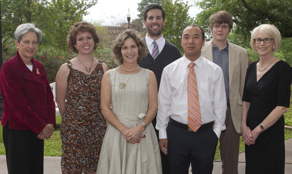 Graduate School Dean Nancy Marcus, far left, and Associate Dean Judith Devine, far right, are pictured with this year’s Research and Creativity Award recipients, from left: Debra Trusty (Classics), Jane McPherson (Social Work), Timothy Kellison (Sport Management), Jingyong Su (Statistics) and Jeremy Weiss (Materials Science and Engineering). Paul Ardoin of the Department of English is not pictured.