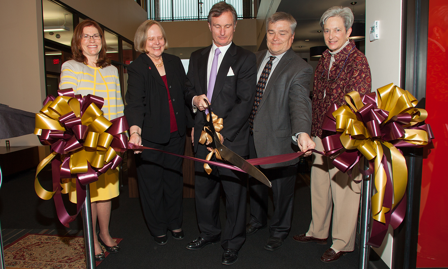 From left: Provost and Executive Vice President for Academic Affairs Garnett S. Stokes; Dean of Undergraduate Studies Karen Laughlin; alumnus and former trustee David Ford; President Eric J. Barron; and Dean of The Graduate School Nancy Marcus.
