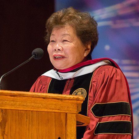 Lucy Ho addresses the audience at her honorary doctorate conferral ceremony