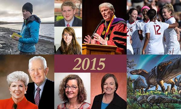 Top (from left to right): Researcher Rob Spencer, Daniel Hubbard, Molly Gordon, President John Thrasher, FSU women’s soccer. Bottom: Jan Moran and the late Jim Moran, Laura Green, Provost Sally McRorie, the newly discovered dinosaur, Ugrunaaluk kuukpikensis.