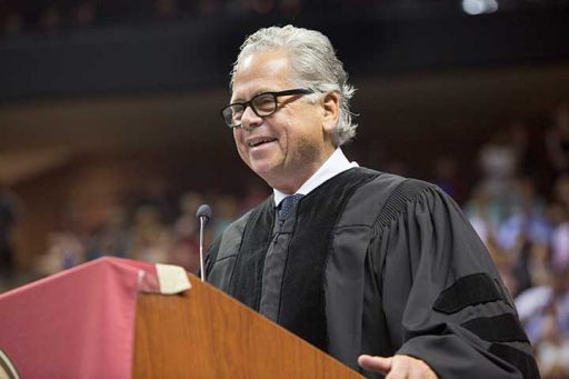 College of Business alumnus and vintner Jeff Gargiulo delivers the Saturday morning commencement address April 30, 2016.