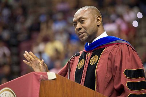 International weather and climate expert Marshall Shepherd speaks at commencement Friday, April 29, 2016.