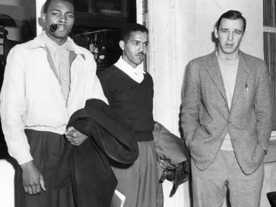 FAMU students Johnny Herndon and Leonard D. Speed of Tallahassee, and FSU student Joe Spagna of St. Petersburg, at the police station following their arrest on charges of violating Tallahassee's bus seating ordinance, Jan. 19, 1957. (AP)