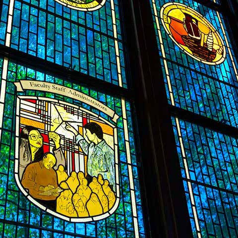 The Association of Retired Faculty stained-glass window in the Heritage Museum commemorates FSU's current and retired faculty, staff and administrators.