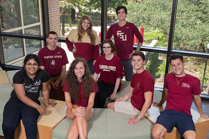 Members of the 2016 Presidential Scholars cohort. (Left to Right) First row: Ancy Jose, Erin Christopher, Joe Guidubaldi, Robert Cotter. Second row: Travis Burhart, Elianna Cooper. Third row: Cara Axelrod, Jaime Lopez.