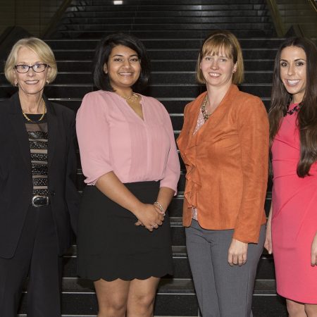 3 Minute Thesis Finalist Competition: Judy Devine, Madhuparna Roy (winner), Shaleen Miller (runner-up) and Tania Reynolds (people's choice).