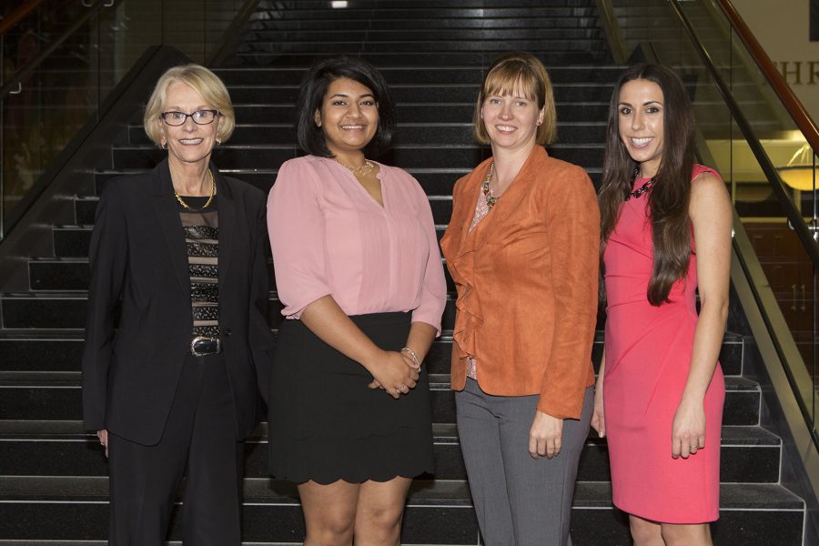 3 Minute Thesis Finalist Competition: Judy Devine, Madhuparna Roy (winner), Shaleen Miller (runner-up) and Tania Reynolds (people's choice).