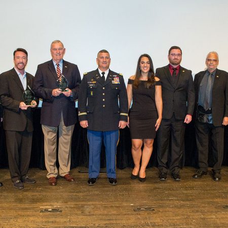 Christian Tureud and David Salzberg, co-directors of 'Citizen Soldier'; Major General Ron Harrison; Col. Mike Canzoneri; Erica Menendez, Veteran Student Union; Vince Williams, Collegiate Veterans Association; Paul Cohen, executive director of the Torchlight Program; FSU President John Thrasher at the FSU Student Veteran Film Festival Nov. 12, 2016.