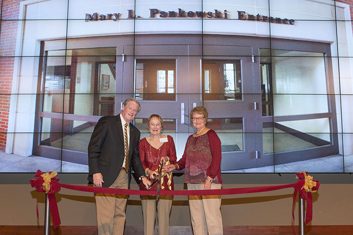 President John Thrasher, Mary L. Pankowski and Marjorie Turnbull at the ribbon cutting and dedication of the new Mary L. Pankowski entrance.