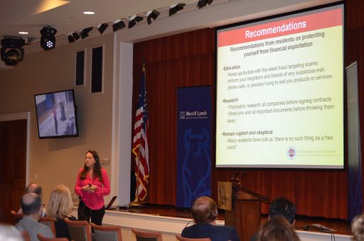 Doctoral student Julie Mestre Brancale presents report recommendations to senior residents at Westminster Oaks Retirement Community.