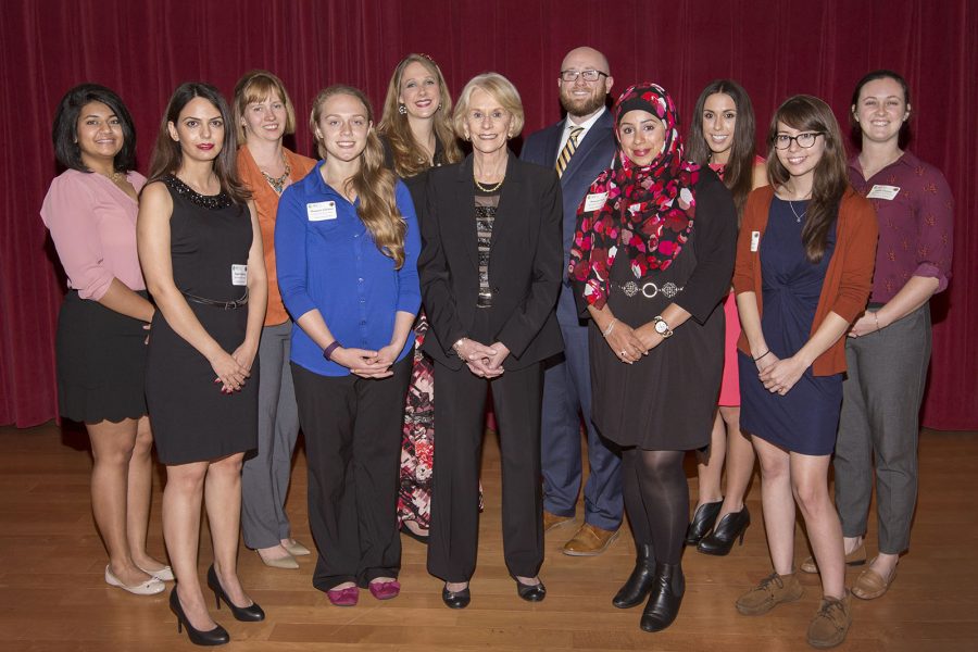 3 Minute Thesis Finalists Front from left; Pegah Nasabian, Margaret Scheiner, Dr. Judy Devine, Ibtissam Zaza, Emily Lee, Back from left; Madhuparna Roy, Shaleen Miller, Kate Carnevale, Brandon Grubbs, Tania Reynolds, Emily Darrow.