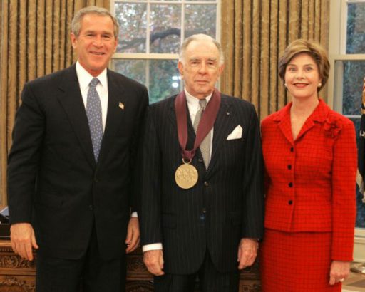 President George W. Bush and Laura Bush present the National Medal of Arts award to Carlisle Floyd in 2004. White House photo by Susan Sterner.