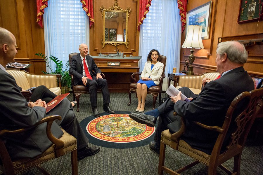 National Science Foundation Director France Córdova joins Vice President for Research Gary Ostrander and President John Thrasher for a meeting with Gov. Rick Scott on March 7, 2017.