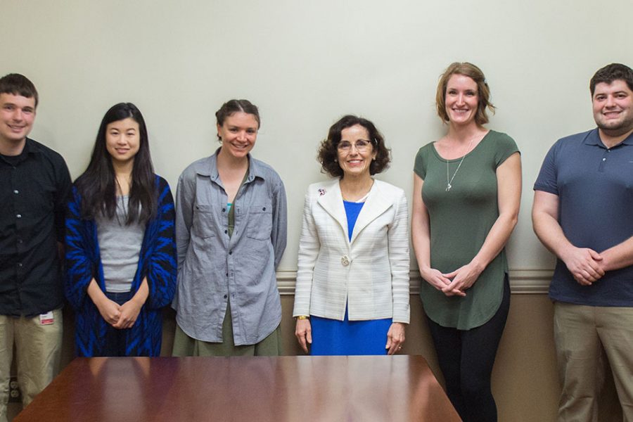 Doctoral students and recipients of the NSF Gradual Research Fellowship Samuel Greer, Jamie Wang, Jessie Mutz, Micaiah Ward and Joseph Pennington meet with NSF Director France Córdova March 7, 2017.