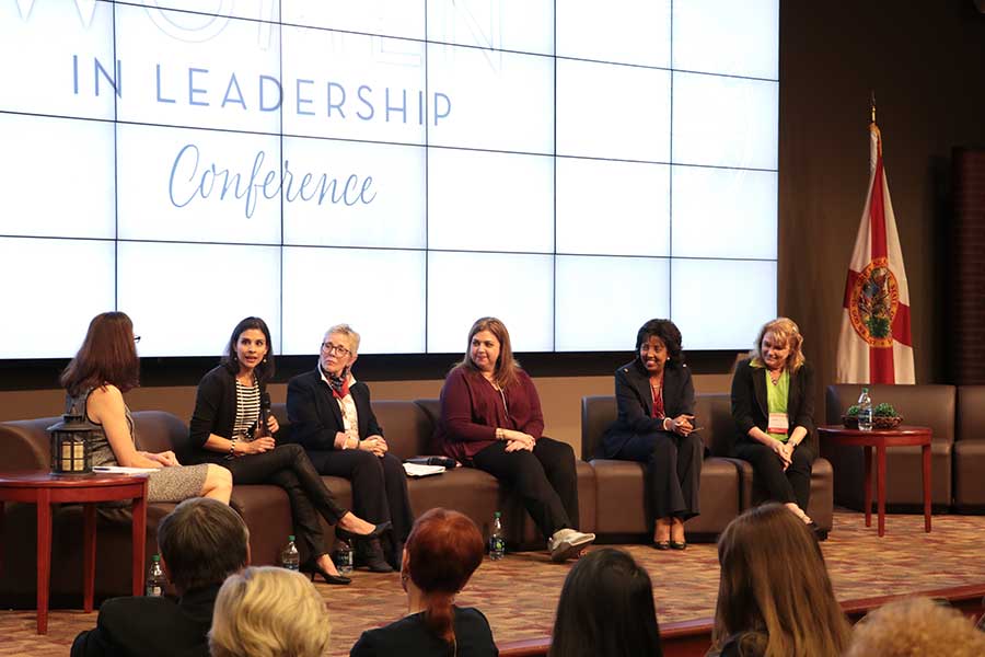 From left: Laura Osteen, Maureen Isern, Susan Fiorito, Julie Dunn, Judge Nina Ashenafi Richardson and Janet Kistner discussed a variety of topics during the opening panel of the 2017 Women in Leadership Conference.