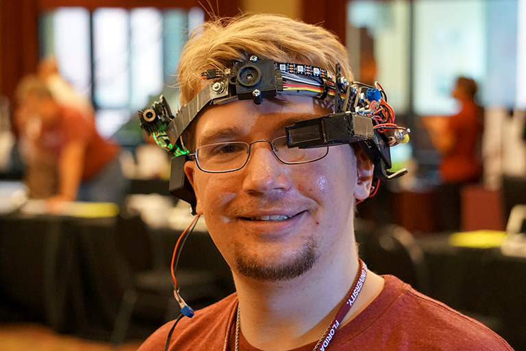 FSU computer engineering student Ryan Whitney displayed his head-mounted, wearable computing device at DIGITECH 2017 on Wednesday, April 12, 2017.