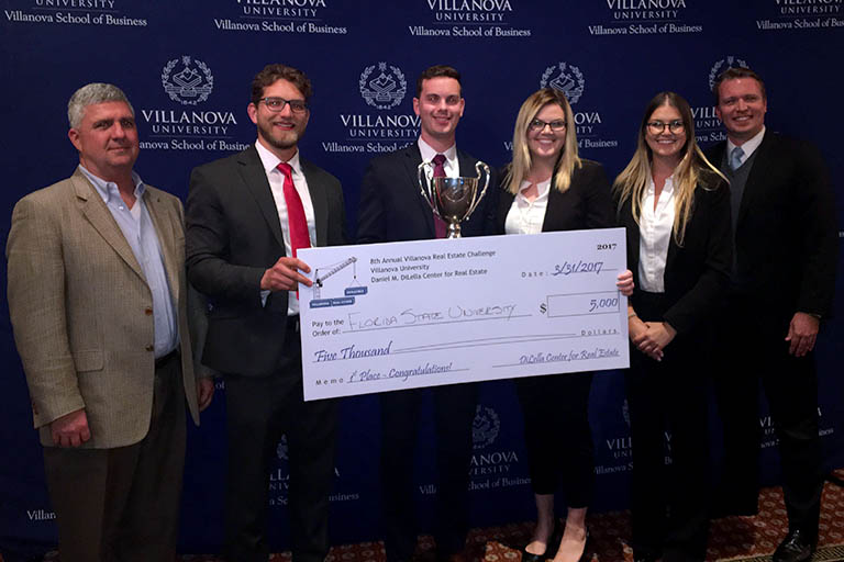 A team of four FSU real estate students — Race Smith, Michael Walsh, Sarah Flemister and Michelle Langborgh — won the eighth annual Villanova Real Estate Challenge on March 31. They competed against teams from 18 universities that operate the top undergraduate real estate programs in the United States.