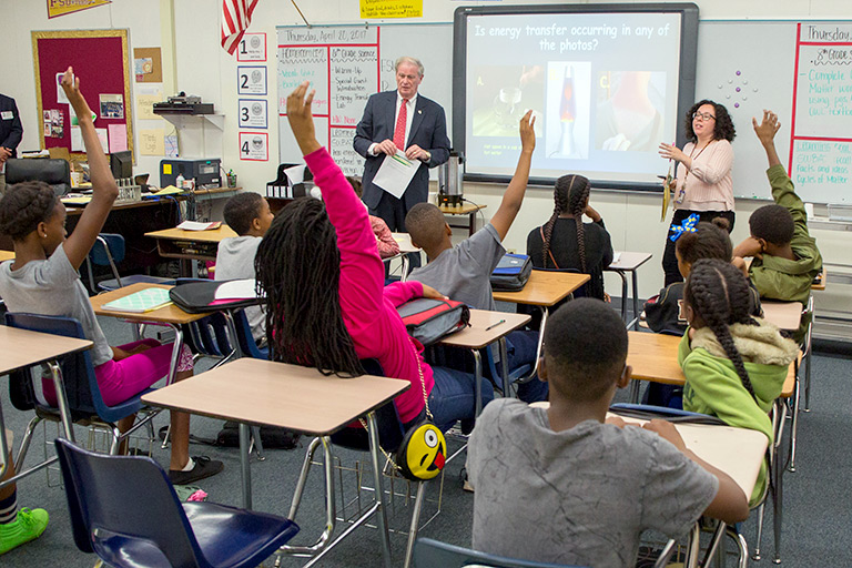 FSU President John Thrasher taught a science lesson at Fairview Middle School in Tallahassee to recognize the continuing success of the FSU-Teach program, which encourages science and math students to become secondary school teachers.