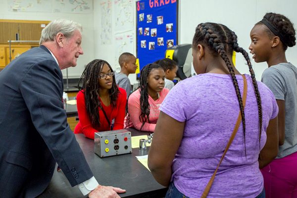 FSU President John Thrasher teaches a science lesson at Fairview Middle School on April 20, 2017. He co-taught with FSU alumna Nancy Narvaez to recognize the continuing success of the FSU-Teach program.
