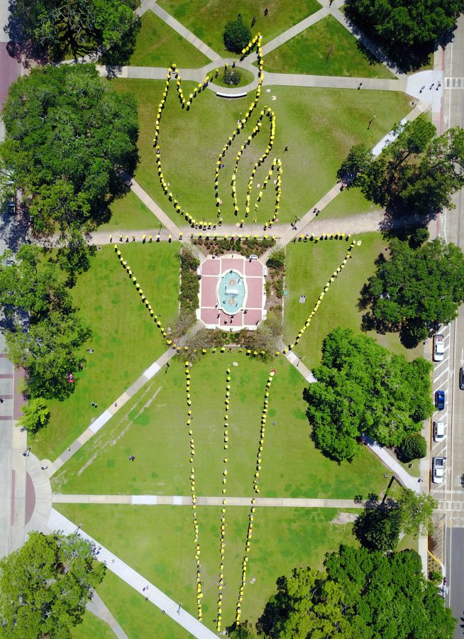 A camera-equipped drone flying 400 feet overhead captured the "FSU Torch of Innovation" that students formed on April 6, 2017.