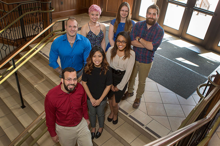 Front row: Zachary Jones, Pamela Knoll, Chelsey Laurencin, William Booker. Back row: Louis Colling, Linsey Rodenbach, Ashley Ernst. Not pictured: Patrick Eastham.