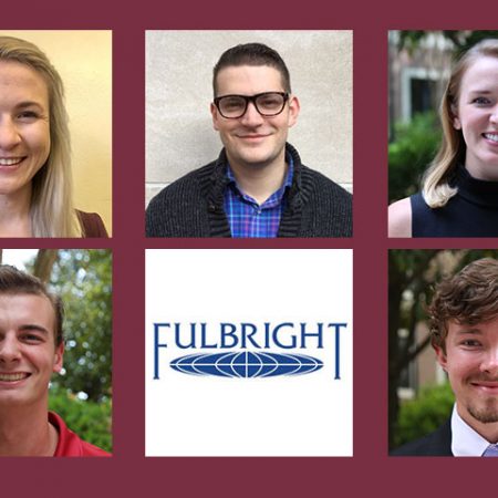 Florida State University's five recipients of 2017-2018 U.S. Fulbright Student Awards are: (from left to right) Top: Mia Hartley, Jesse Marks, Chelsea Elzinga, Noah Gomez and Brendan Rempert.