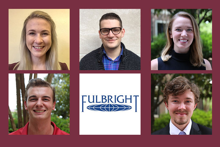 Florida State University's five recipients of 2017-2018 U.S. Fulbright Student Awards are: (from left to right) Top: Mia Hartley, Jesse Marks, Chelsea Elzinga, Noah Gomez and Brendan Rempert.