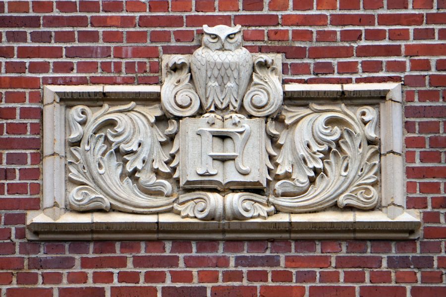 A stonework owl was included in the construction of Eppes Hall in 1918.