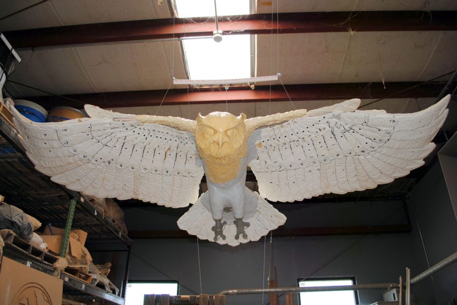 Florida State's Master Craftsman Studio designed and built an owl with a six-foot wingspan during the renovation of Ruby Diamond Concert Hall between 2008 and 2010. Chris Horne, the master craftsman who led the project, used lightweight balsa wood for the wings, foam for the body, resin for feathers and the beak, and acrylics for the eyes. The colossal owl now hangs from the ceiling of Ruby Diamond.