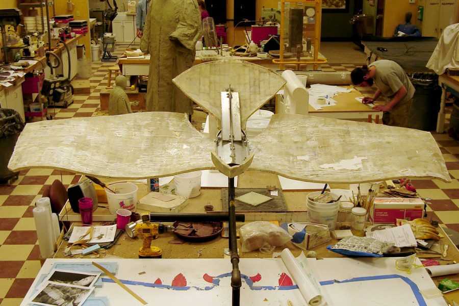 Florida State's Master Craftsman Studio designed and built an owl with a six-foot wingspan during the renovation of Ruby Diamond Concert Hall between 2008 and 2010. Chris Horne, the master craftsman who led the project, used lightweight balsa wood for the wings, foam for the body, resin for feathers and the beak, and acrylics for the eyes. The colossal owl now hangs from the ceiling of Ruby Diamond.