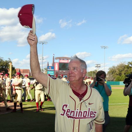 Mike Martin thanks FSU fans following his 1900th win as head coach of the baseball team. Martin finished the season with a career record of 1,944-694-4.