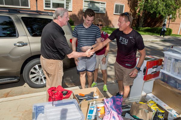 President Thrasher greets students and parents at residence halls move-in Aug. 23, 2017. (FSU Photography Services)