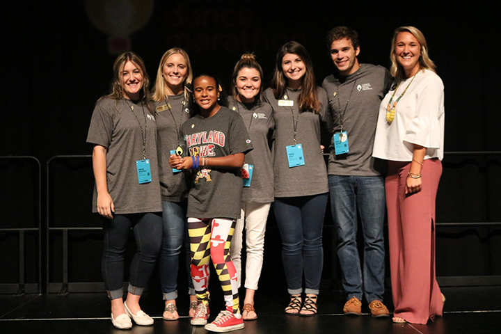 Dance Marathon at FSU accepts the Miracle Maker Award, from left: Alexa Hirschfield, Chloe Milthorpe, Olivia (Miracle Child from Terp Thon), Niki Little, Kelly Miller, Eric Massey and Taylor Dietrich, Senior Area Dance Marathon Manager for the Southeast.