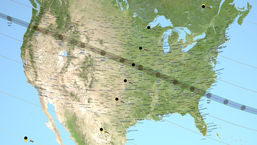 The narrow path of totality will pass through 14 states: Oregon, Idaho, Wyoming, Montana, Nebraska, Iowa, Kansas, Missouri, Illinois, Kentucky, Tennessee, Georgia, and North and South Carolina. The eclipse will continue until just after 4 p.m. on the East coast.