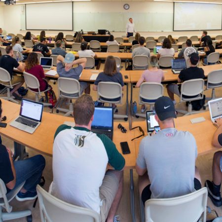 The first class of the Jim Moran School of Entrepreneurship is held on Monday, Aug. 28, 2017, in FSU's Health and Wellness Center.