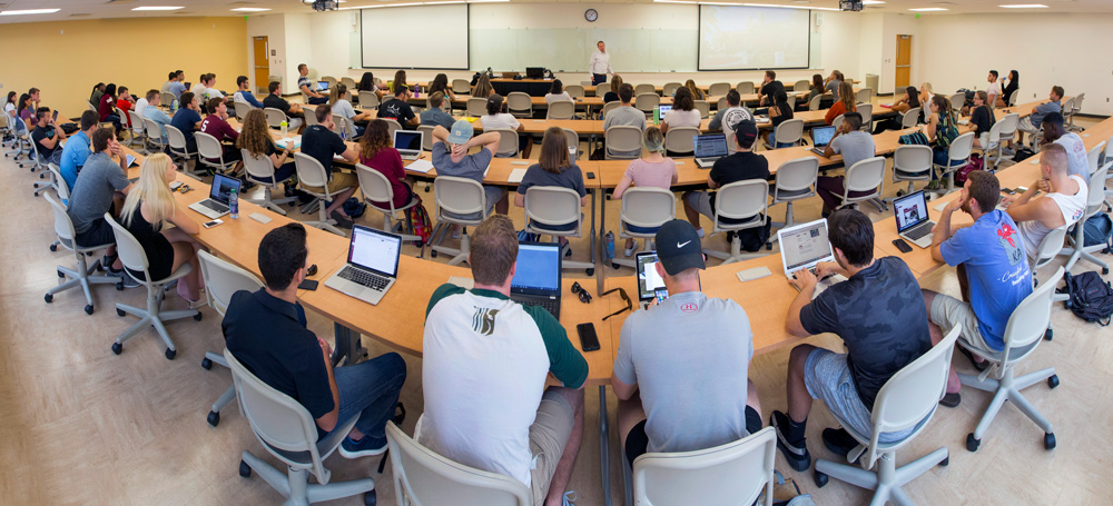 The first class of the Jim Moran School of Entrepreneurship is held on Monday, Aug. 28, 2017, in FSU's Health and Wellness Center.