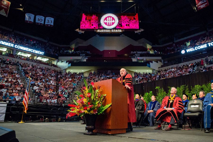 Martin, an FSU alumnus and Hall of Fame coach, delivered a lighthearted and unique commencement speech filled with photos of campus evolution mixed with inspiring videos and memorabilia.