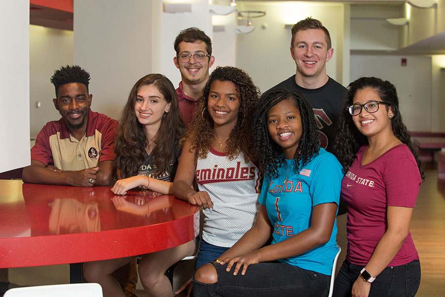 FSU welcomes back about 42,000 students for the 2017 fall semester. (L to R) Senior Corey Wheeler, freshman Giovanna Garcia, freshman Justin Marquez, junior Danisha Carrasco, sophomore Tabisha Raymond, freshman Carson Tappan and senior Maria Montano are excited for the start of classes Monday, Aug. 28.