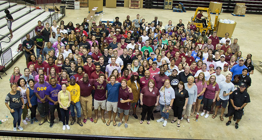 More than 250 FSU students and 100 staff volunteers assembled care packages for Hurricane Irma victims Friday, Sept. 15, at the Donald L. Tucker Civic Center. (FSU Photography Services)