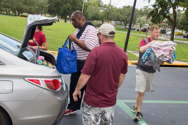 FSU staff members and volunteers collect donations at the Hurricane Irma relief drive Thursday, Sept. 14, at the Donald L. Tucker Civic Center.