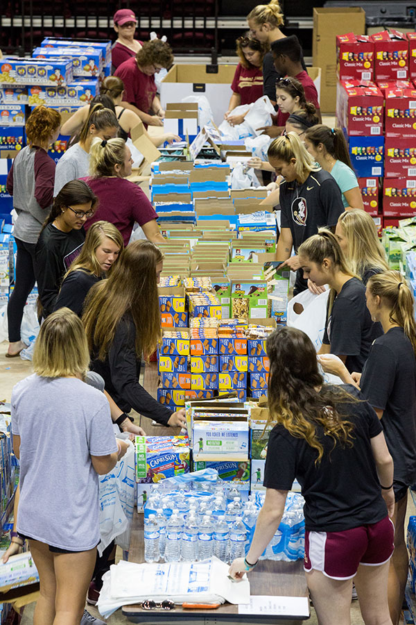 More than 250 FSU students and 100 staff volunteers assembled care packages for Hurricane Irma victims Friday, Sept. 15, at the Donald L. Tucker Civic Center. (FSU Photography Services)