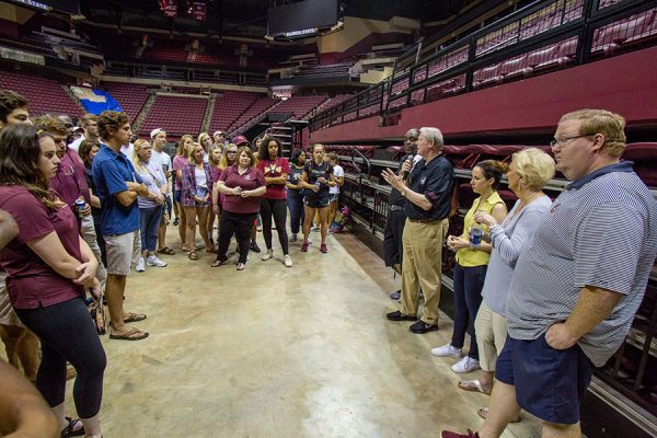President Thrasher addresses the more than 250 FSU students and 100 staff volunteers who assembled care packages for Hurricane Irma victims Friday, Sept. 15, at the Donald L. Tucker Civic Center. (FSU Photography Services)