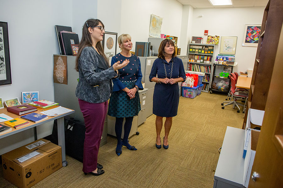 Second Lady Karen Pence (right) tours the FSU art therapy program with First Lady of Florida Ann Scott (middle) at the launch of her new initiative, Art Therapy: Healing with the HeART on Wednesday, Oct. 18, at Florida State University. (FSU Photography Services)