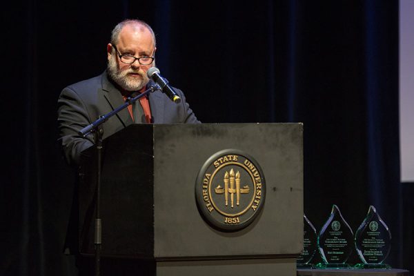 College of Motion Picture Arts Dean Reb Braddock speaks at the FSU Veterans Film Festival Oct. 5, 2017, at Ruby Diamond Concert Hall. (FSU Photography Services)