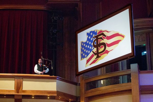 FSU student James Gray performs a bagpipe solo at the FSU Veterans Film Festival Oct. 5, 2017, at Ruby Diamond Concert Hall. (FSU Photography Services)