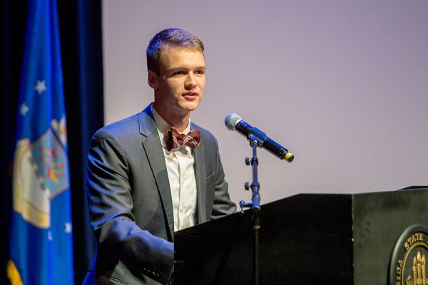 Kyle Hill, president of the FSU Student Government Association, speaks at the FSU Veterans Film Festival Oct. 5, 2017, at Ruby Diamond Concert Hall. (FSU Photography Services)