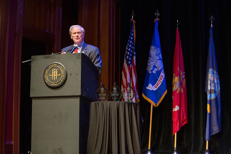 President John Thrasher, speaks at the FSU Veterans Film Festival Oct. 5, 2017, at Ruby Diamond Concert Hall. (FSU Photography Services)