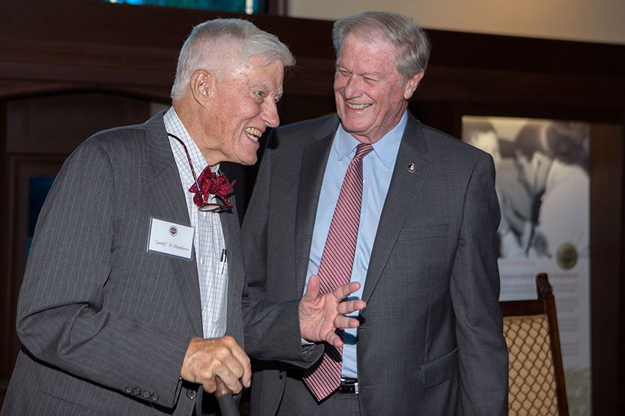 FSU President Emeritus Sandy D'Alemberte and FSU President John Thrasher at the unveiling and dedication of Dodd Hall's newest stained-glass window Monday, Oct. 2, 2017. (FSU Photography Services)