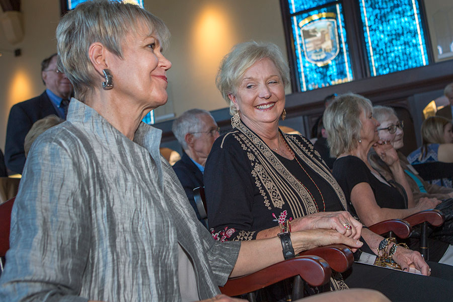 FSU first ladies Patsy Palmer and Jean Thrasher atat the unveiling and dedication of FSU Emeritus President Sandy D'Alemberte's stained-glass window Monday, Oct. 2, 2017, at Dodd Hall. (FSU Photography Services)
